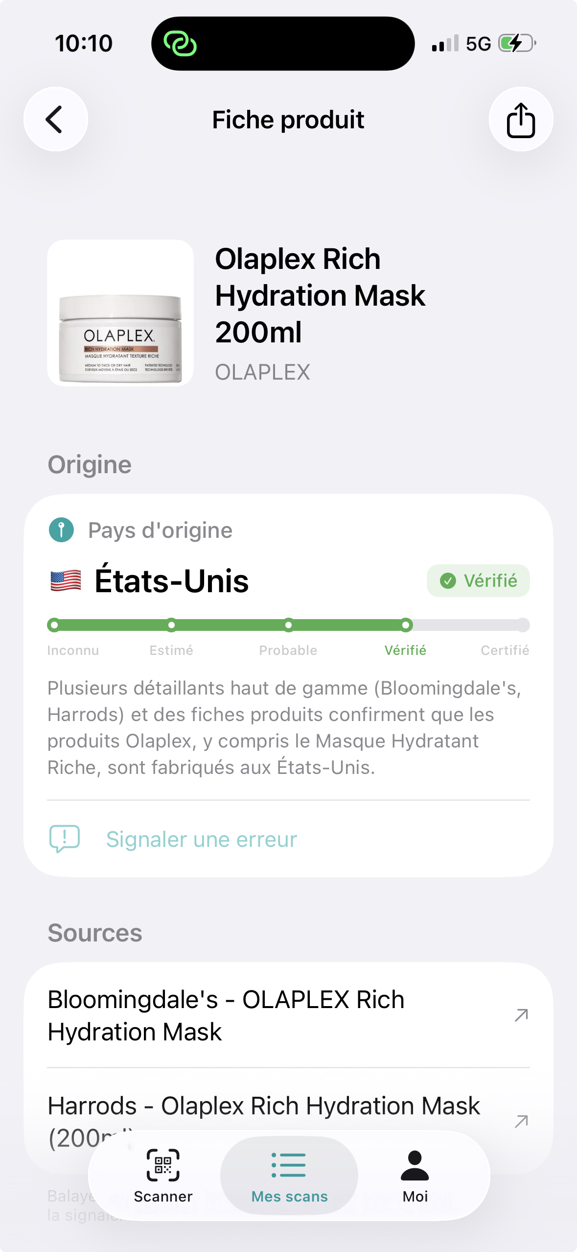 Screenshot of the Mio app showing a scan result: manufacturing country, confidence level, reasoning and sources
