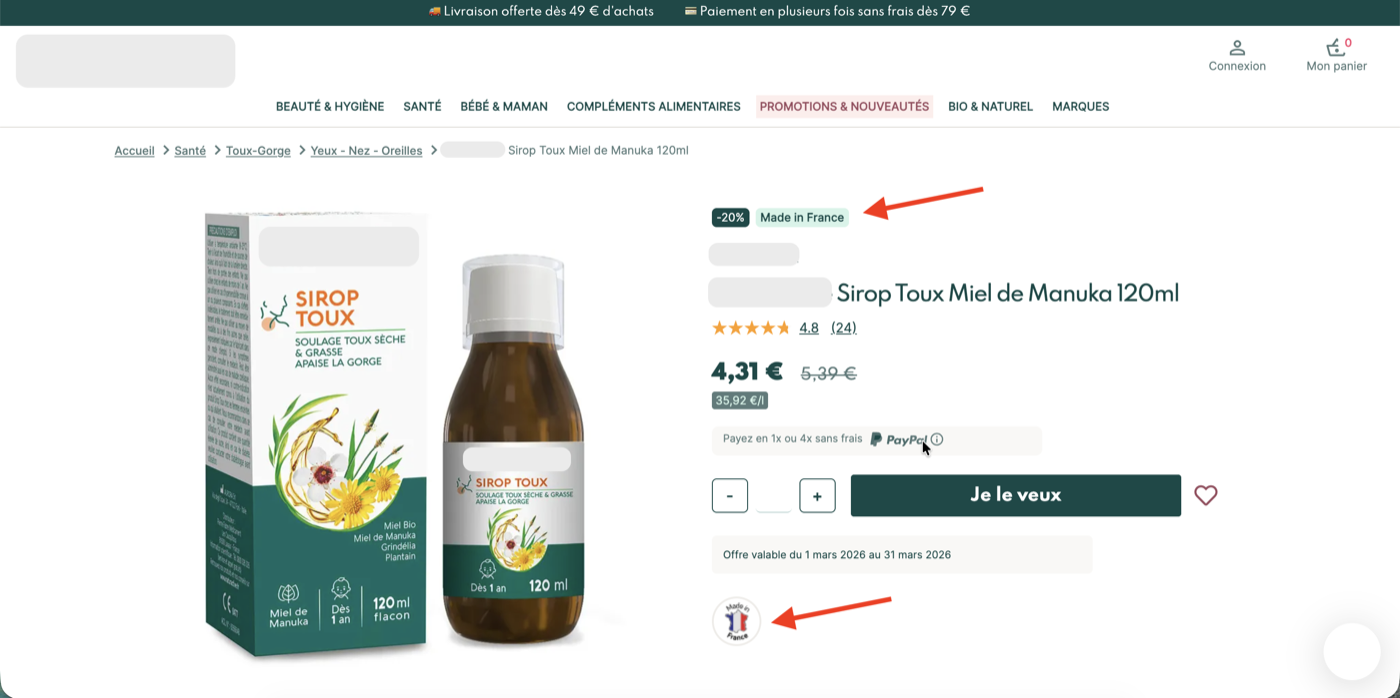 Screenshot of a retailer page with a misleading Made in France badge that doesn't apply to the displayed product